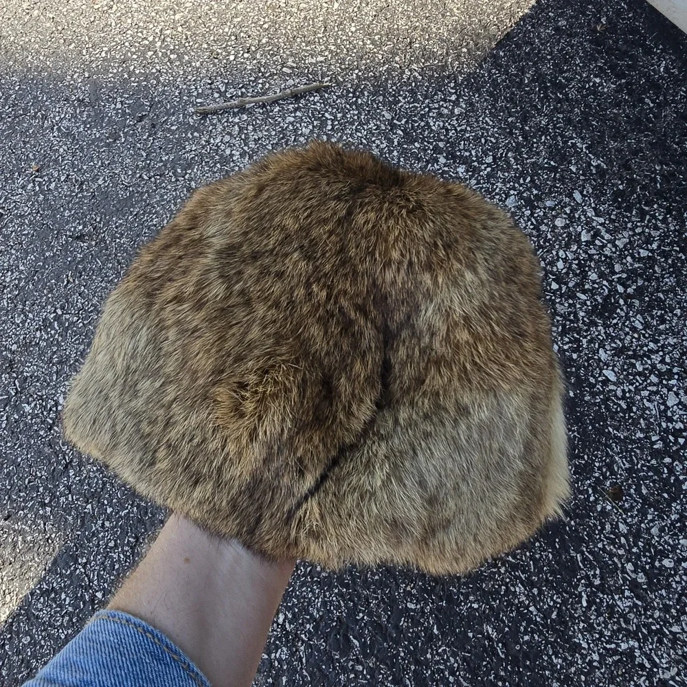 Vtg 1960s Real Rabbit Fur Pillbox Hat Natural Brown Gray Russian Style Satin Lin